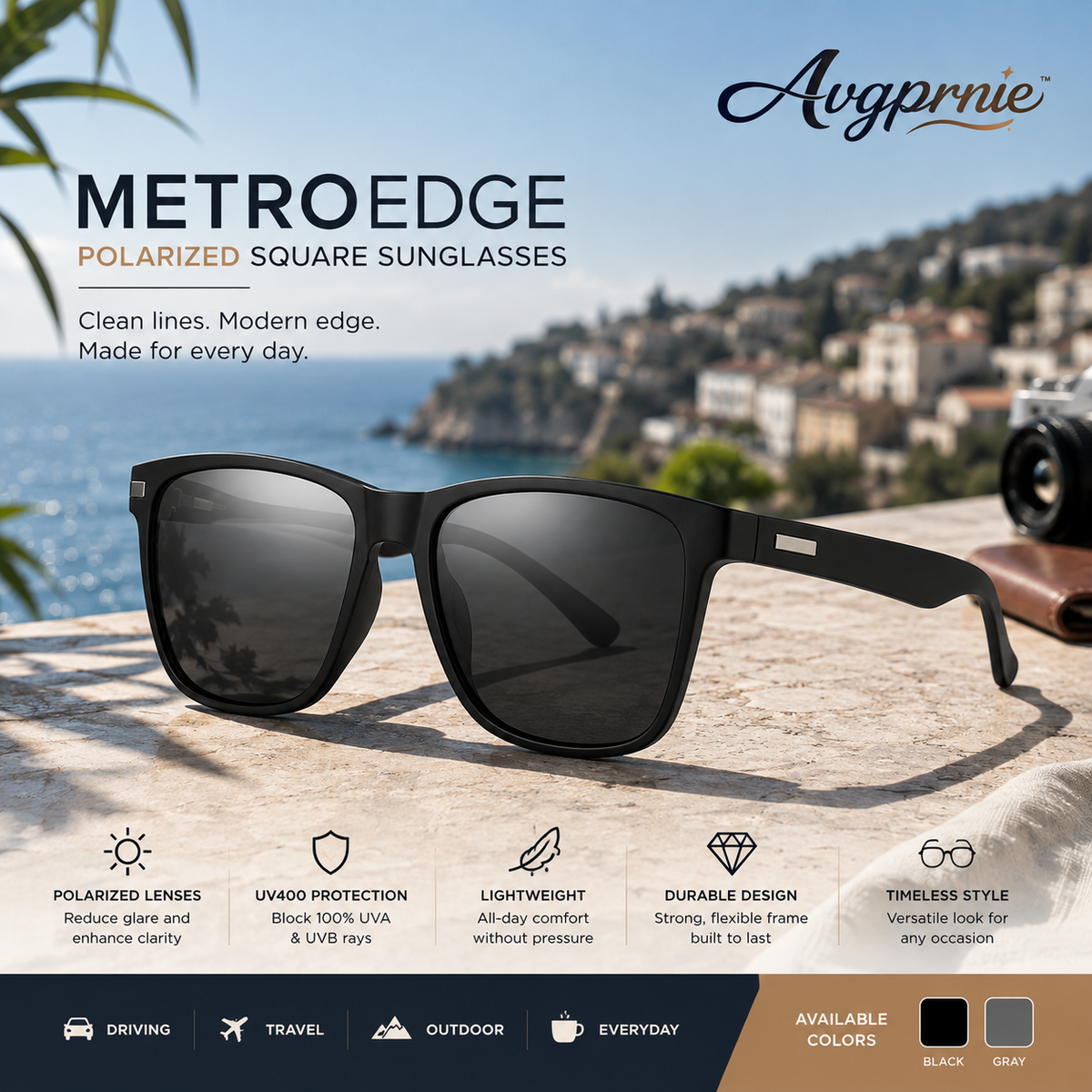 Avgprnie™ MetroEdge Men's Polarized Square Sunglasses – UV400 Mirrored Lens Fashion Shades for Driving, Travel & Everyday Outdoor Wear