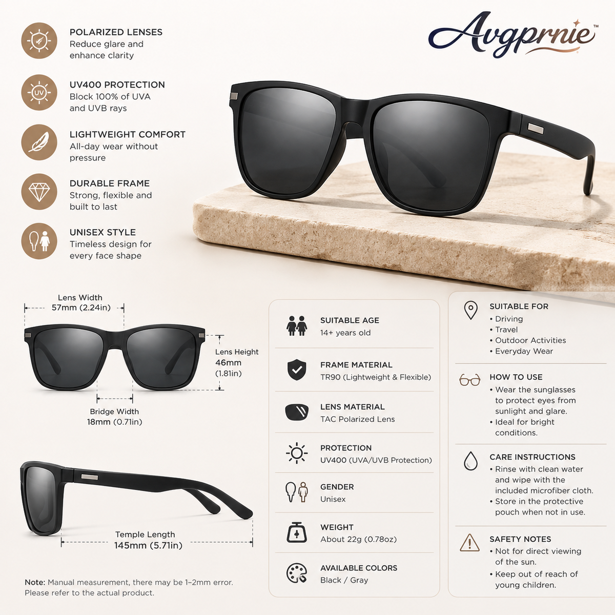 Avgprnie™ MetroEdge Men's Polarized Square Sunglasses – UV400 Mirrored Lens Fashion Shades for Driving, Travel & Everyday Outdoor Wear