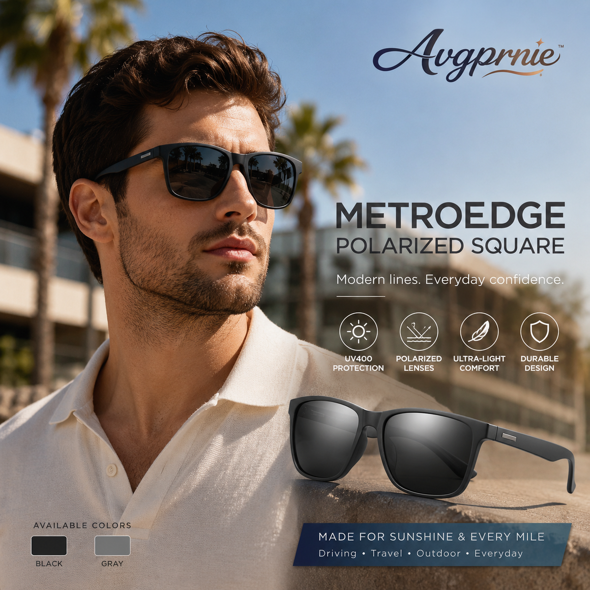 Avgprnie™ MetroEdge Men's Polarized Square Sunglasses – UV400 Mirrored Lens Fashion Shades for Driving, Travel & Everyday Outdoor Wear