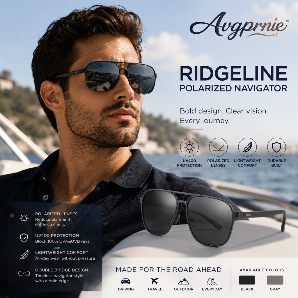 Avgprnie™ RidgeLine Men's Polarized Navigator Sunglasses – Double Bridge UV400 Mirrored Driving Shades for Travel & Outdoor Wear