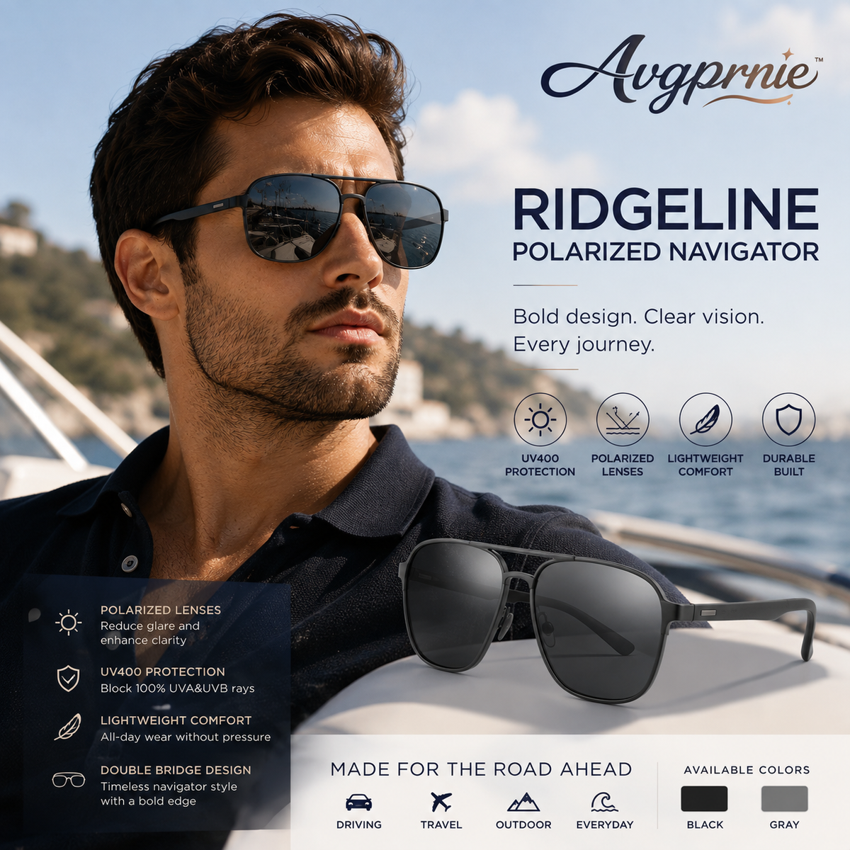 Avgprnie™ RidgeLine Men's Polarized Navigator Sunglasses – Double Bridge UV400 Mirrored Driving Shades for Travel & Outdoor Wear