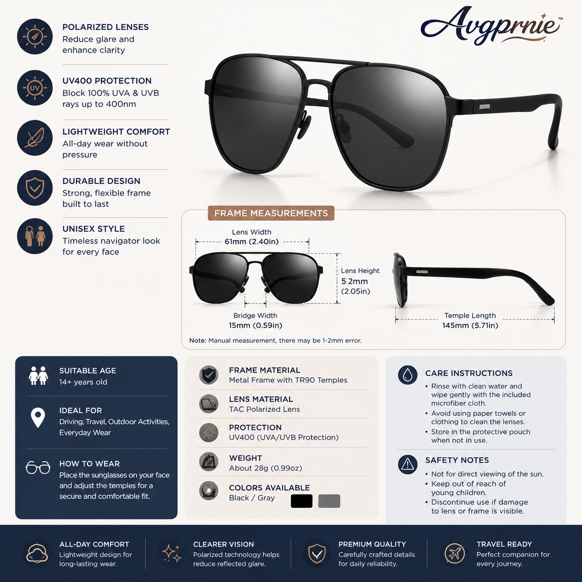 Avgprnie™ RidgeLine Men's Polarized Navigator Sunglasses – Double Bridge UV400 Mirrored Driving Shades for Travel & Outdoor Wear