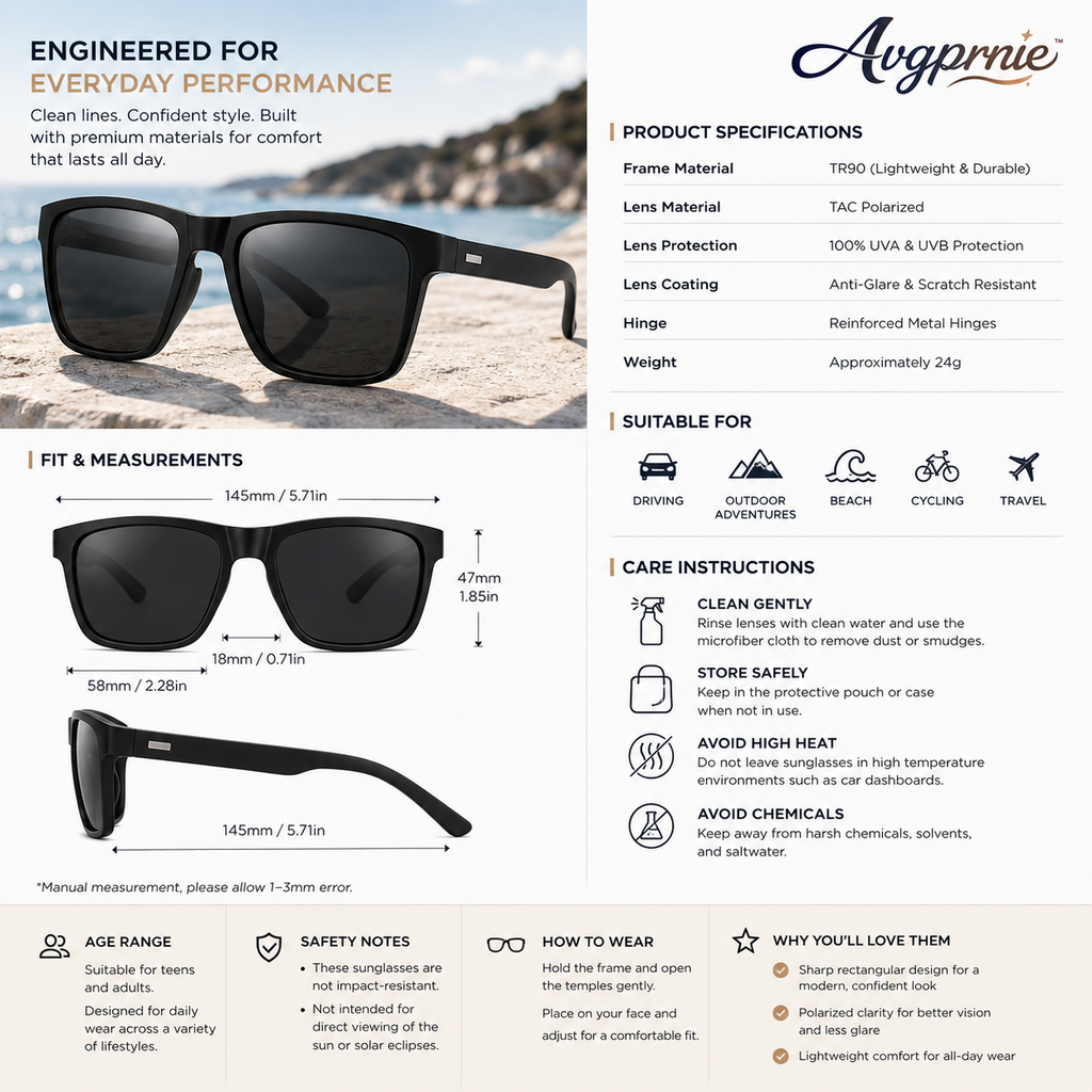 Avgprnie™ AxisCore Men's Slim Rectangle Polarized Sunglasses – UV400 Mirrored Fashion Shades for Driving, Vacation & Streetwear