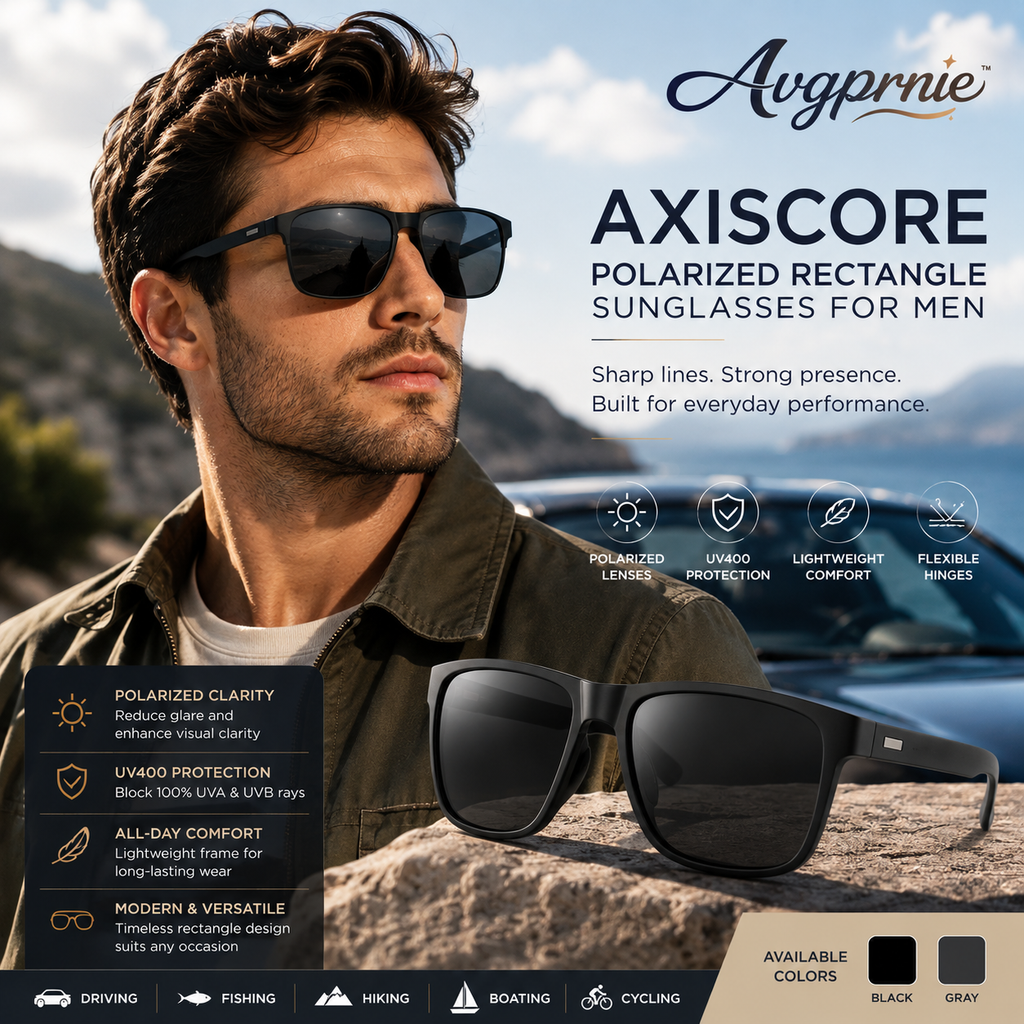 Avgprnie™ AxisCore Men's Slim Rectangle Polarized Sunglasses – UV400 Mirrored Fashion Shades for Driving, Vacation & Streetwear