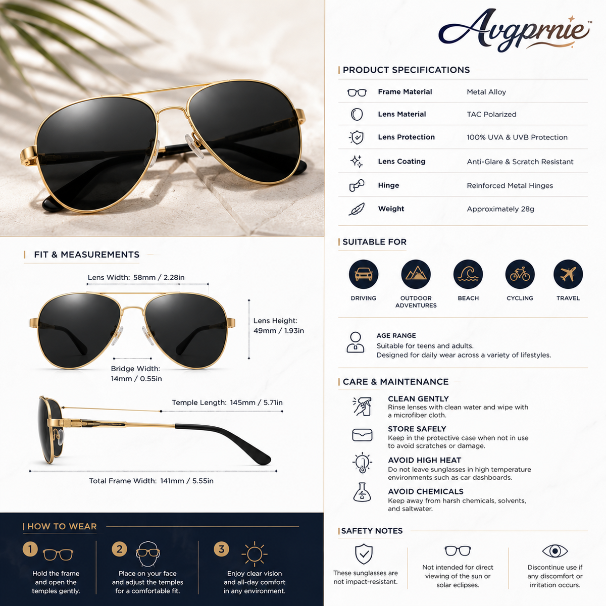 Avgprnie™ HarborPilot Men's Polarized Aviator Sunglasses – Classic Double Bridge UV400 Mirrored Shades for Driving & Outdoor Travel