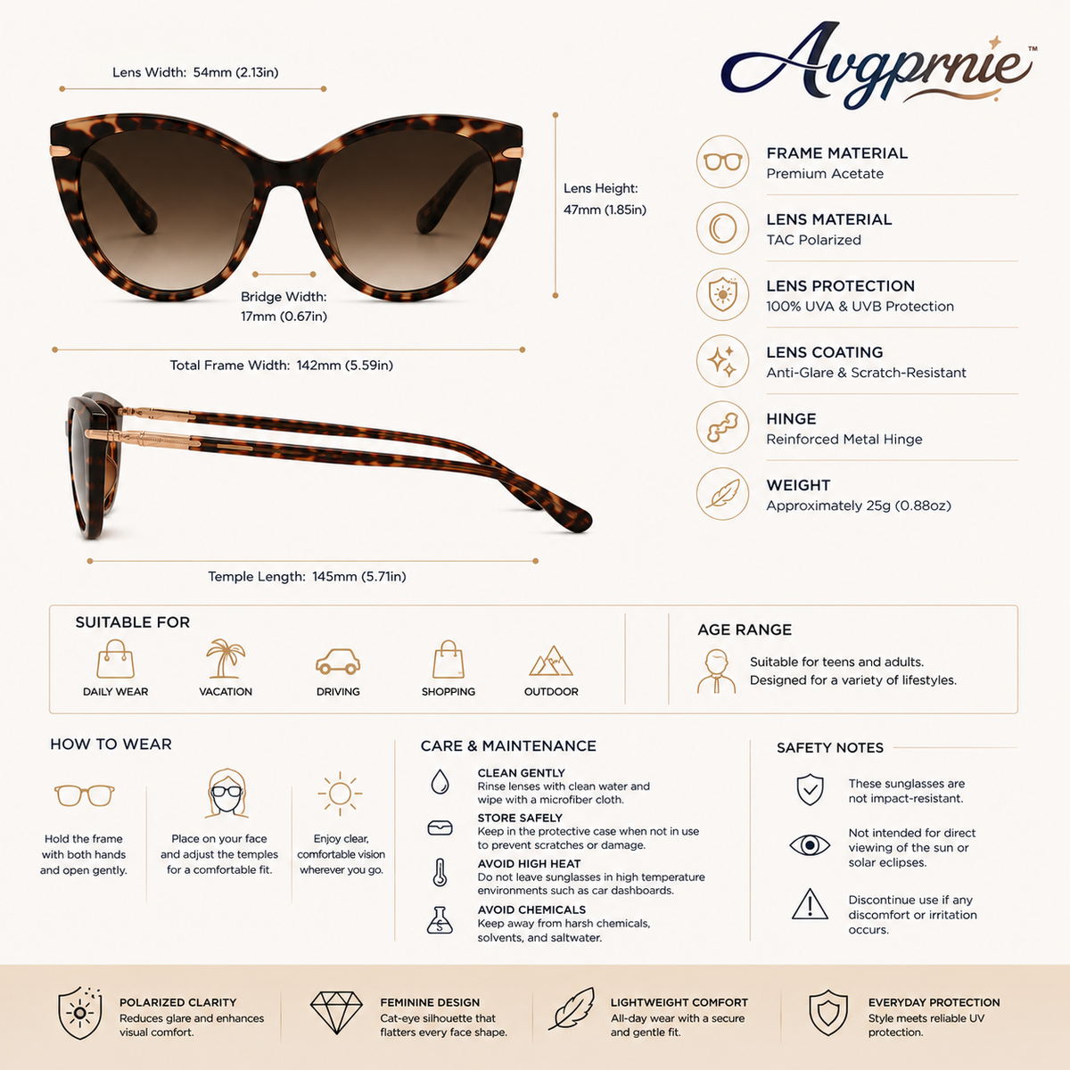 Avgprnie™ Celeste Wing Women's Polarized Cat-Eye Sunglasses – UV400 Mirrored Fashion Shades for Vacation, Driving & Everyday Wear