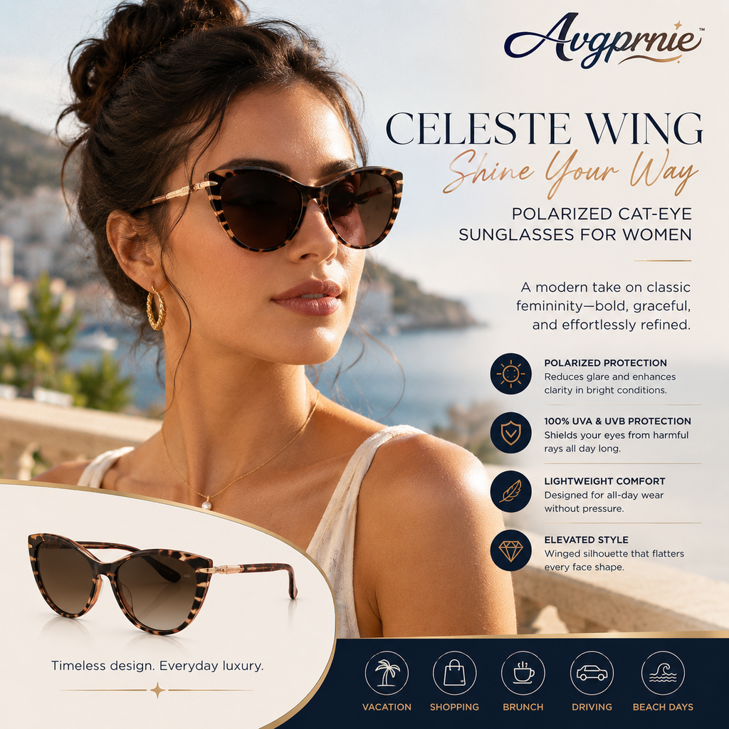 Avgprnie™ Celeste Wing Women's Polarized Cat-Eye Sunglasses – UV400 Mirrored Fashion Shades for Vacation, Driving & Everyday Wear