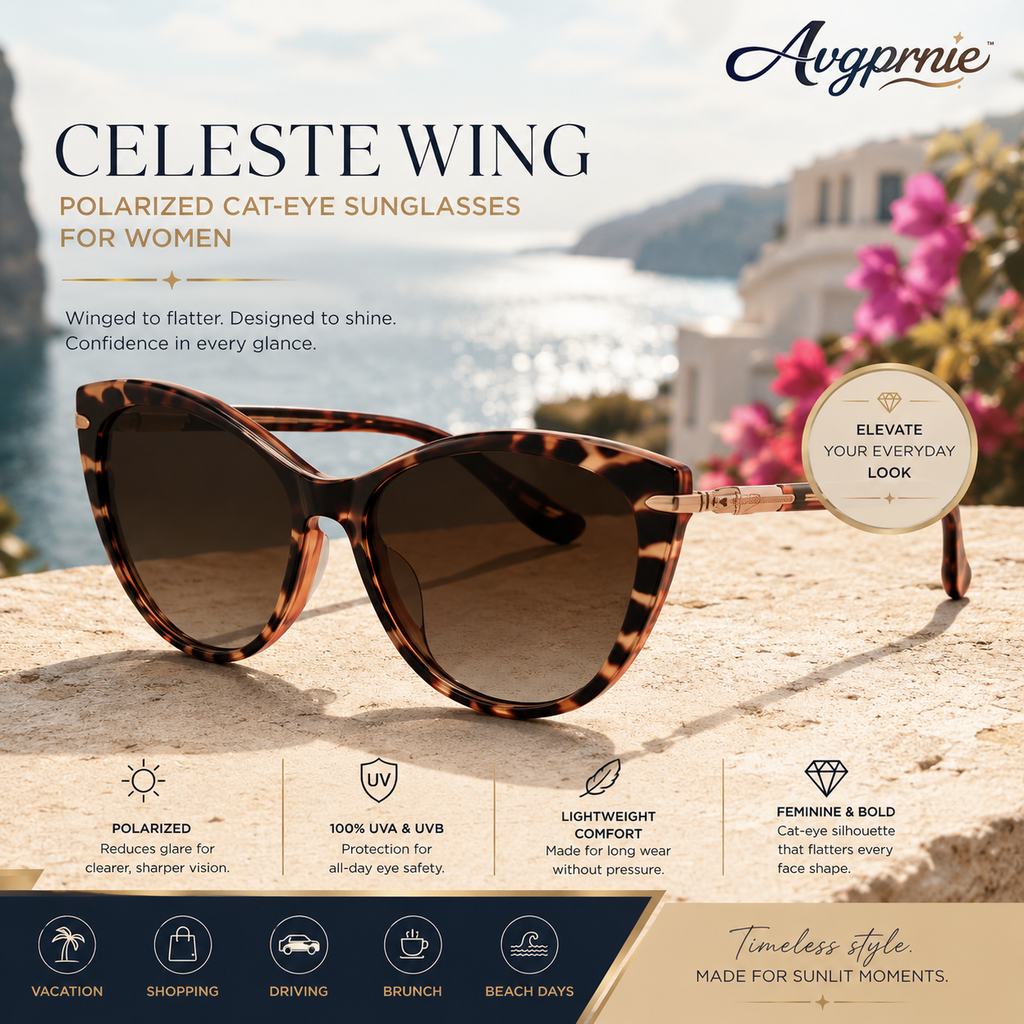Avgprnie™ Celeste Wing Women's Polarized Cat-Eye Sunglasses – UV400 Mirrored Fashion Shades for Vacation, Driving & Everyday Wear