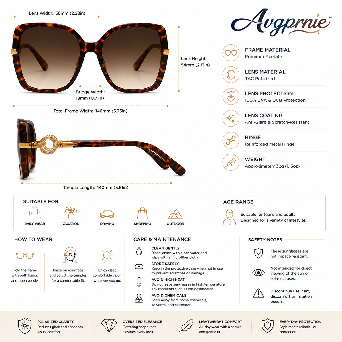 Avgprnie™ Riviera Halo Women's Oversized Polarized Sunglasses – UV400 Gradient Mirrored Fashion Shades for Travel, Beach & Everyday Wear