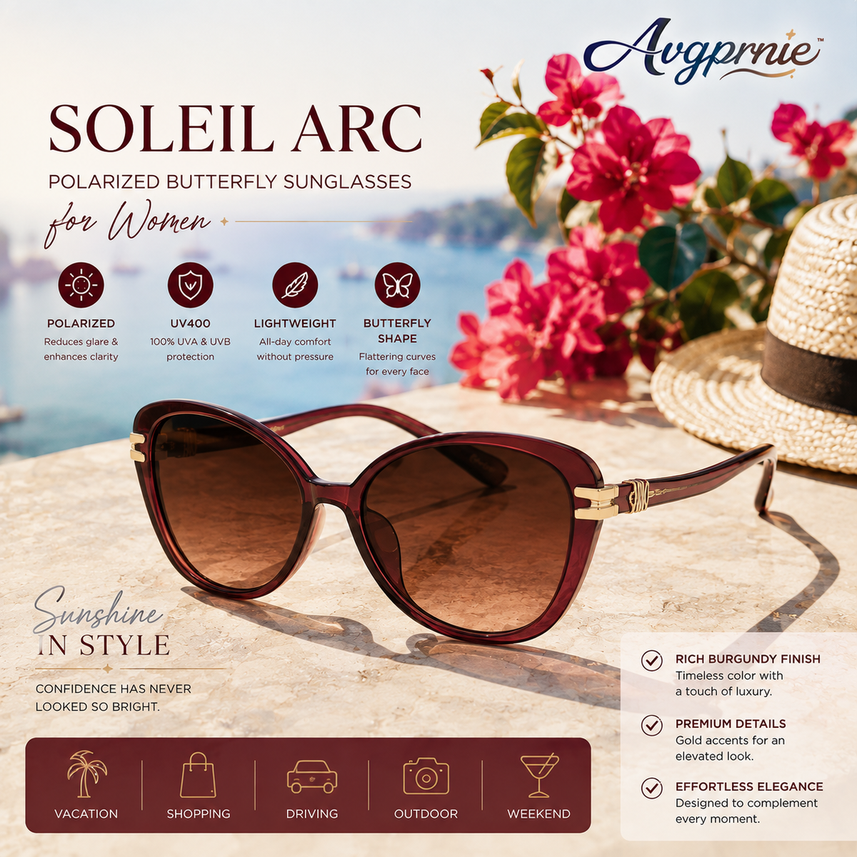 Avgprnie™ Soleil Arc Women's Butterfly Polarized Sunglasses – Oversized UV400 Mirrored Fashion Shades for Driving, Resort & Travel