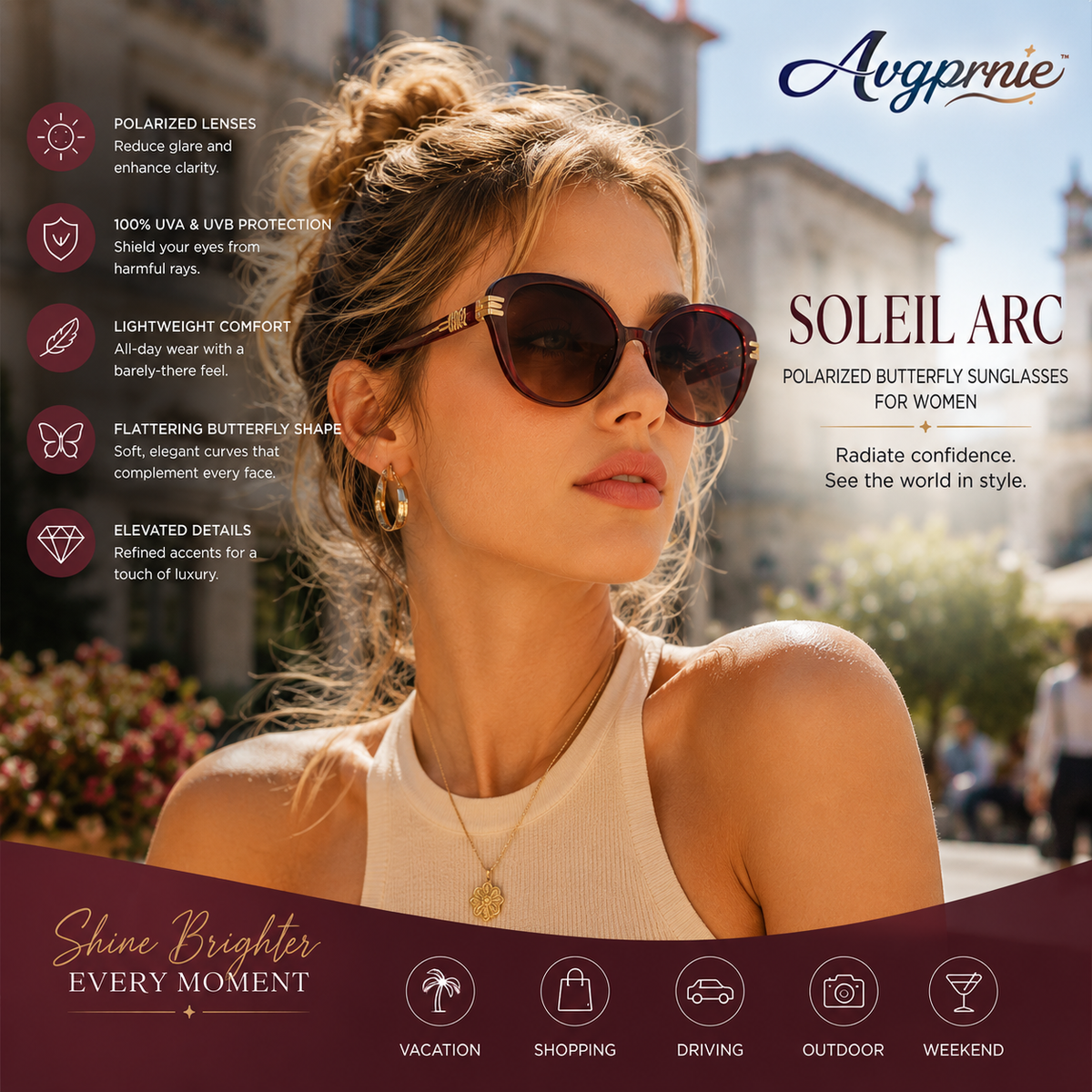 Avgprnie™ Soleil Arc Women's Butterfly Polarized Sunglasses – Oversized UV400 Mirrored Fashion Shades for Driving, Resort & Travel