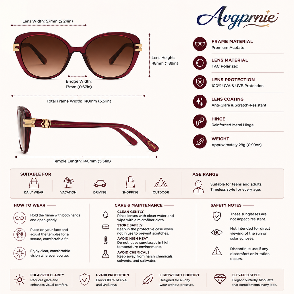 Avgprnie™ Soleil Arc Women's Butterfly Polarized Sunglasses – Oversized UV400 Mirrored Fashion Shades for Driving, Resort & Travel