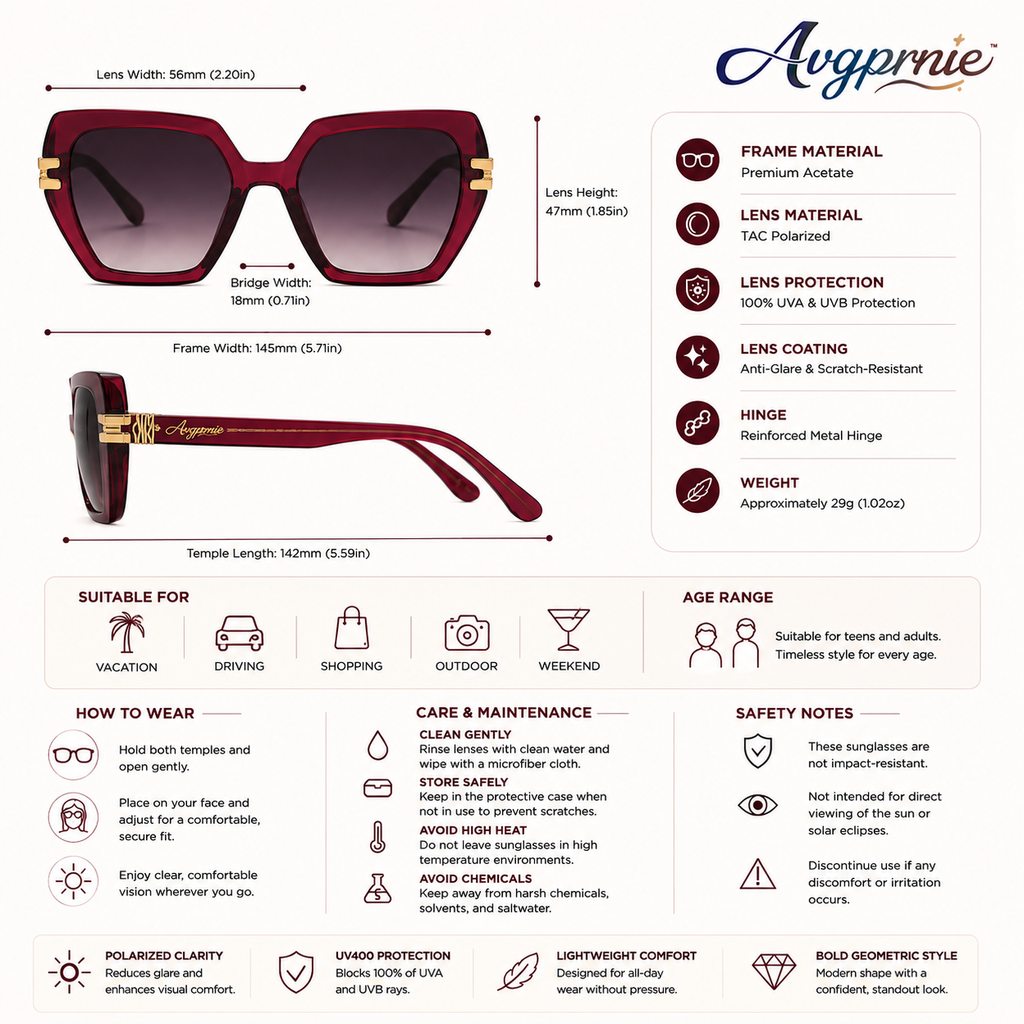 Avgprnie™ Nova Pop Women's Polarized Geometric Sunglasses – UV400 Mirrored Fashion Shades in Black, Burgundy, Pink, Blue, Purple & Brown