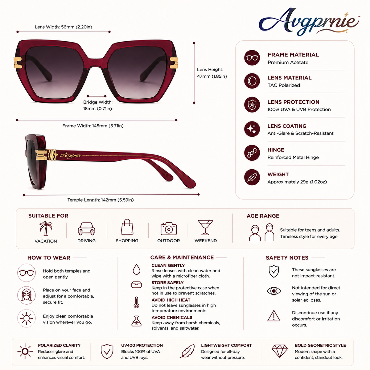 Avgprnie™ Nova Pop Women's Polarized Geometric Sunglasses – UV400 Mirrored Fashion Shades in Black, Burgundy, Pink, Blue, Purple & Brown
