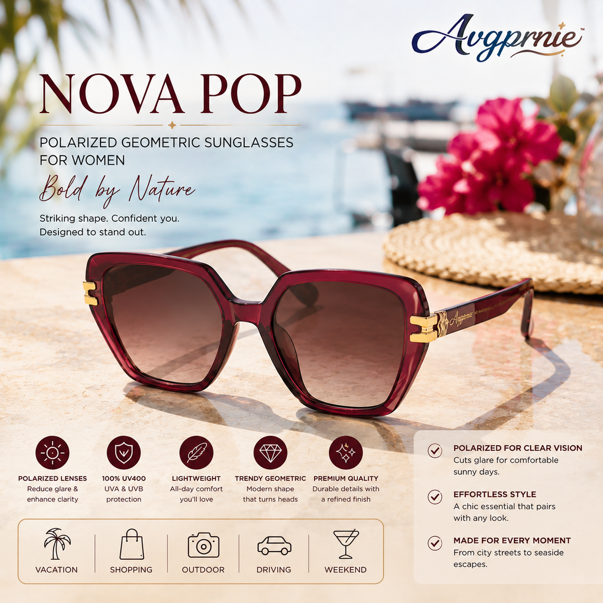 Avgprnie™ Nova Pop Women's Polarized Geometric Sunglasses – UV400 Mirrored Fashion Shades in Black, Burgundy, Pink, Blue, Purple & Brown