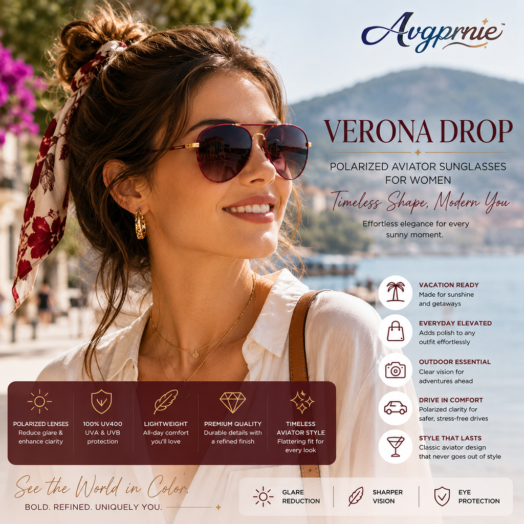 Avgprnie™ Verona Drop Women's Polarized Aviator Sunglasses – UV400 Mirrored Lightweight Pilot Shades for Driving & Vacation