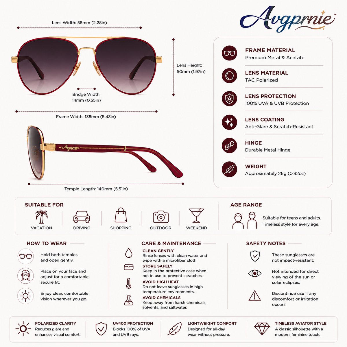 Avgprnie™ Verona Drop Women's Polarized Aviator Sunglasses – UV400 Mirrored Lightweight Pilot Shades for Driving & Vacation