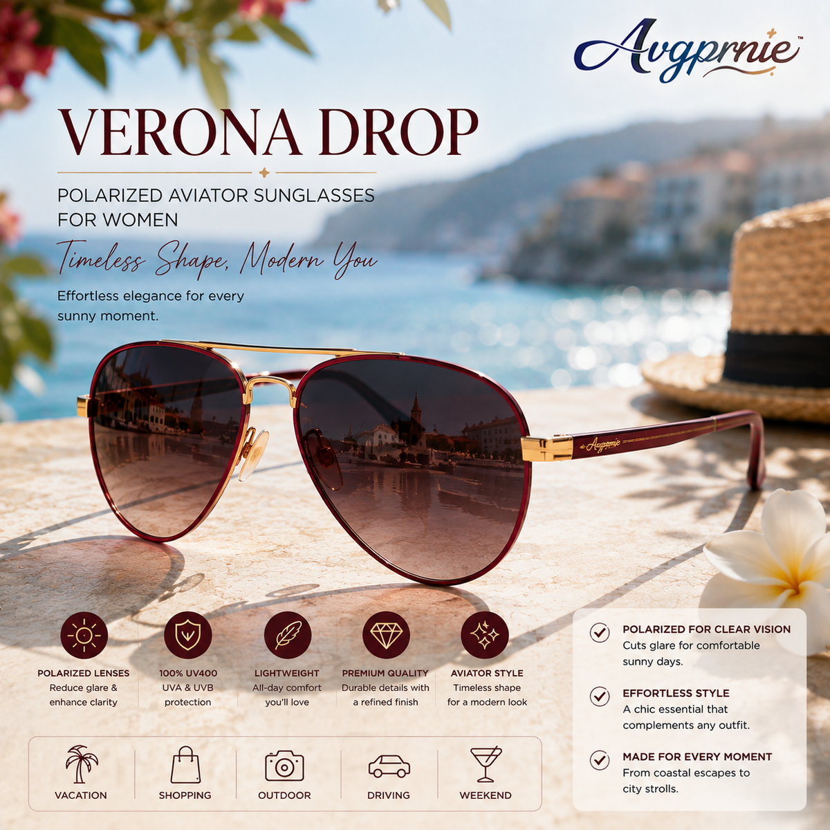 Avgprnie™ Verona Drop Women's Polarized Aviator Sunglasses – UV400 Mirrored Lightweight Pilot Shades for Driving & Vacation