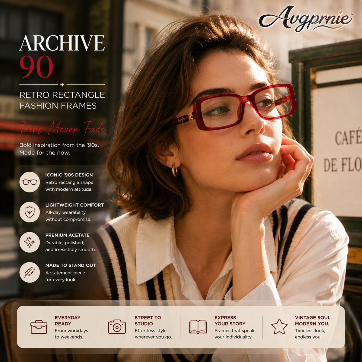 Avgprnie™ Archive 90 Retro Rectangle Fashion Frames – Vintage Inspired Clear Lens Eyeglass Frames for Women & Men