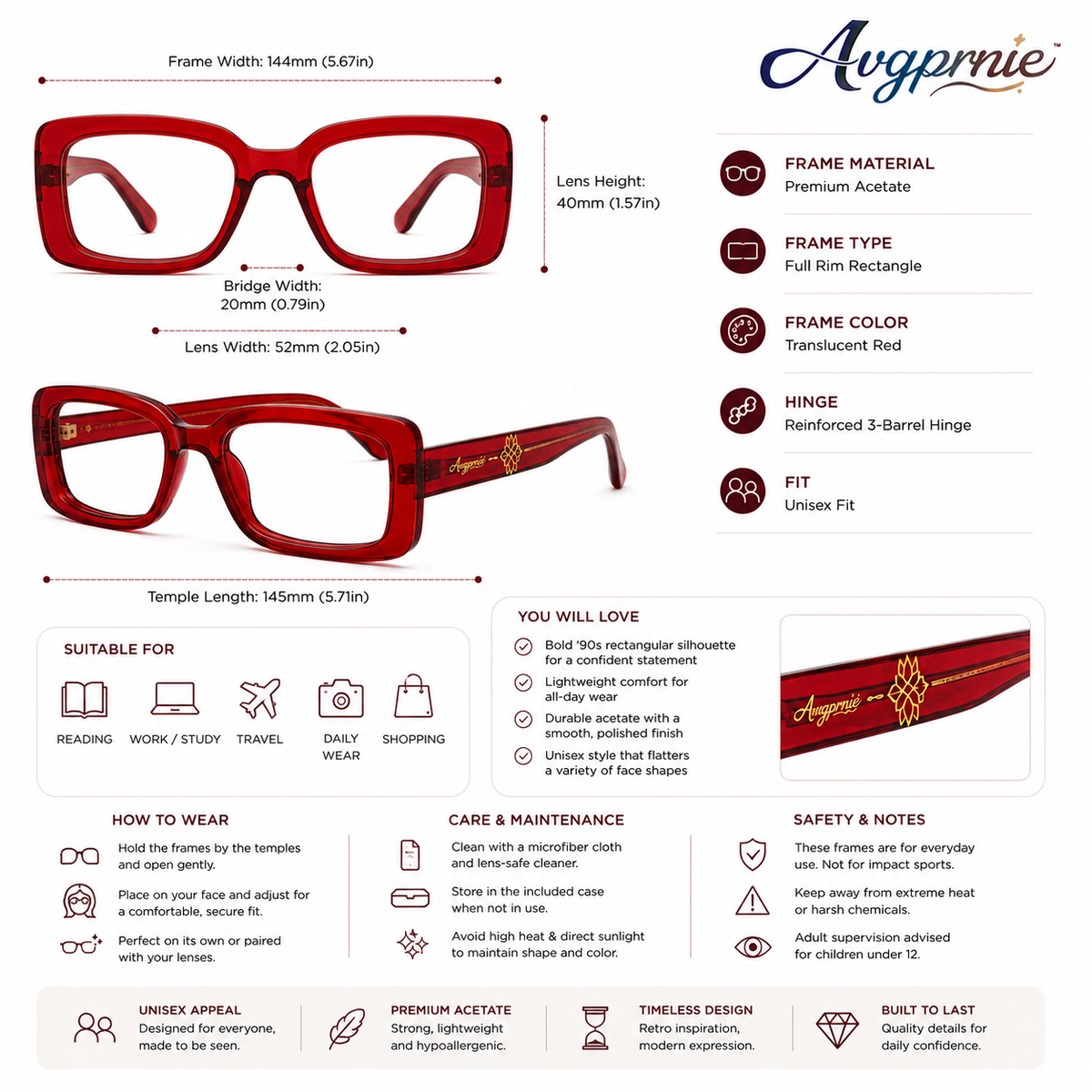 Avgprnie™ Archive 90 Retro Rectangle Fashion Frames – Vintage Inspired Clear Lens Eyeglass Frames for Women & Men