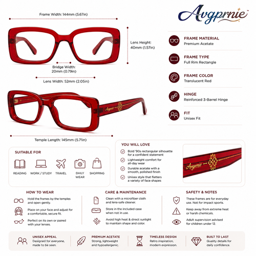 Avgprnie™ Archive 90 Retro Rectangle Fashion Frames – Vintage Inspired Clear Lens Eyeglass Frames for Women & Men