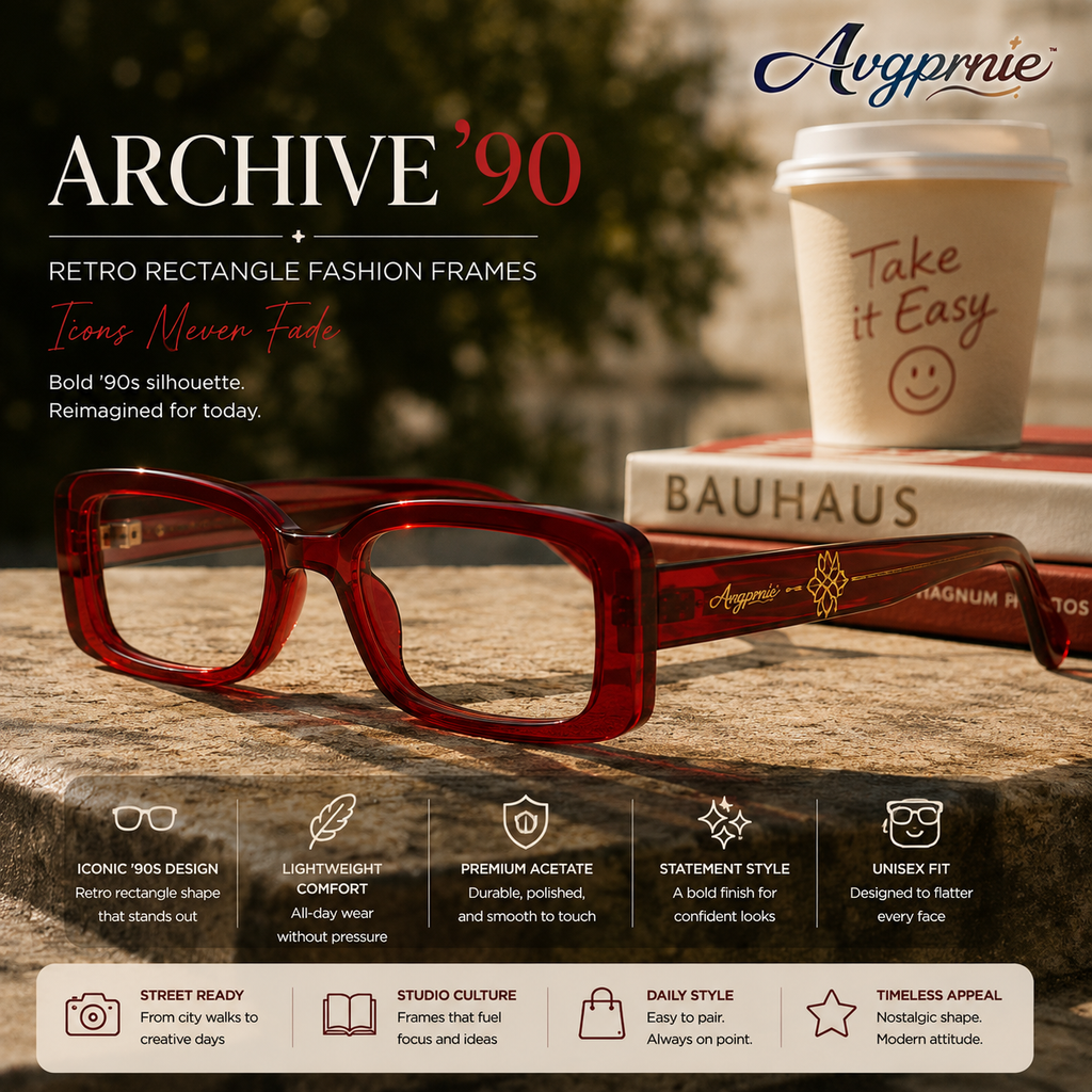 Avgprnie™ Archive 90 Retro Rectangle Fashion Frames – Vintage Inspired Clear Lens Eyeglass Frames for Women & Men