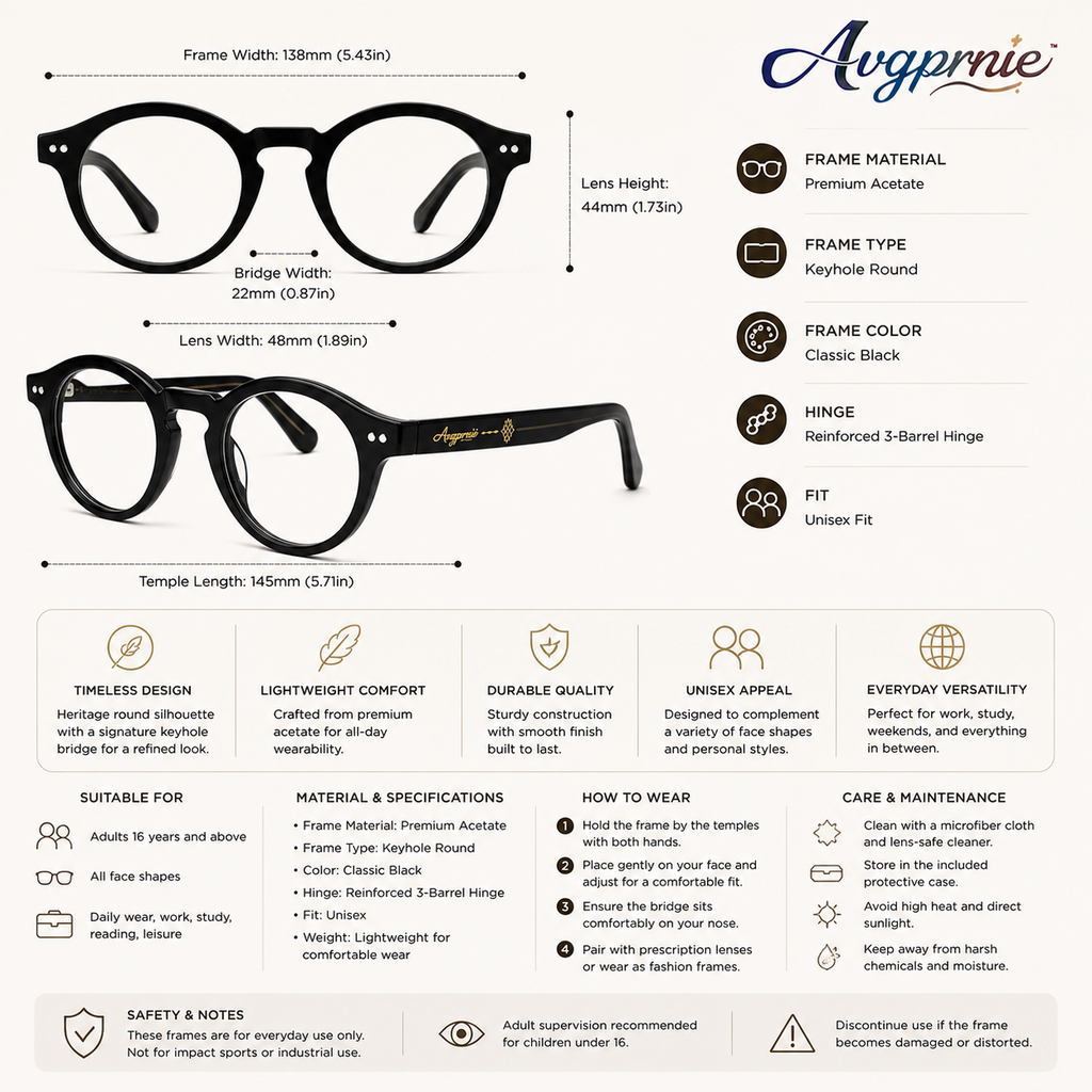 Avgprnie™ Heritage Keyhole Round Fashion Eyeglass Frames – Vintage Inspired Clear Lens Optical Style Frames