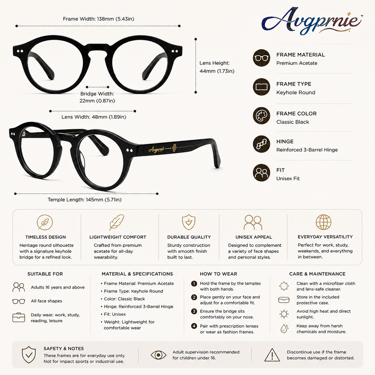 Avgprnie™ Heritage Keyhole Round Fashion Eyeglass Frames – Vintage Inspired Clear Lens Optical Style Frames