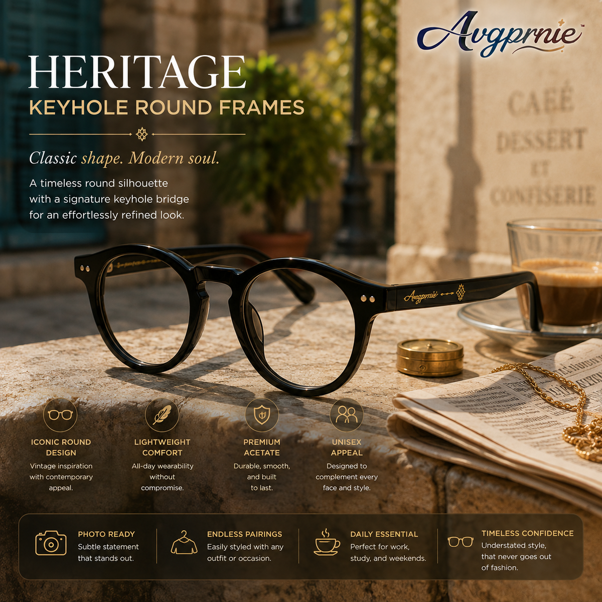 Avgprnie™ Heritage Keyhole Round Fashion Eyeglass Frames – Vintage Inspired Clear Lens Optical Style Frames