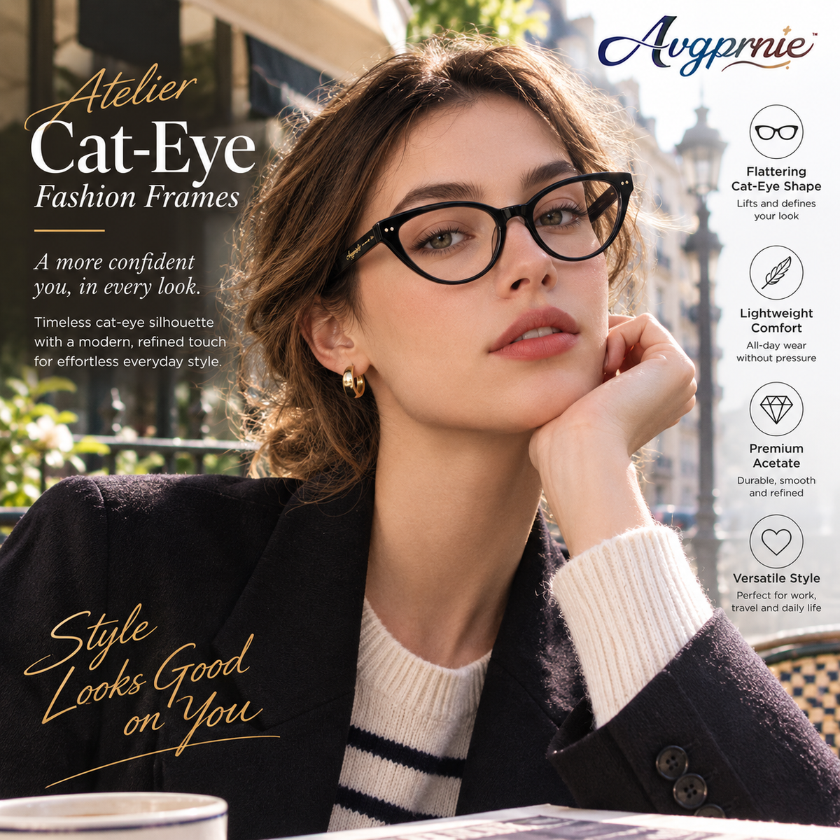 Avgprnie™ Atelier Cat-Eye Fashion Frames – Women's Vintage Inspired Clear Lens Eyeglass Frames in Black, Brown & Red
