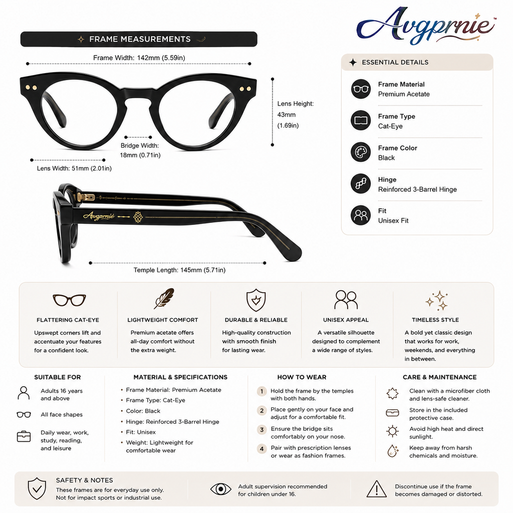 Avgprnie™ Atelier Cat-Eye Fashion Frames – Women's Vintage Inspired Clear Lens Eyeglass Frames in Black, Brown & Red