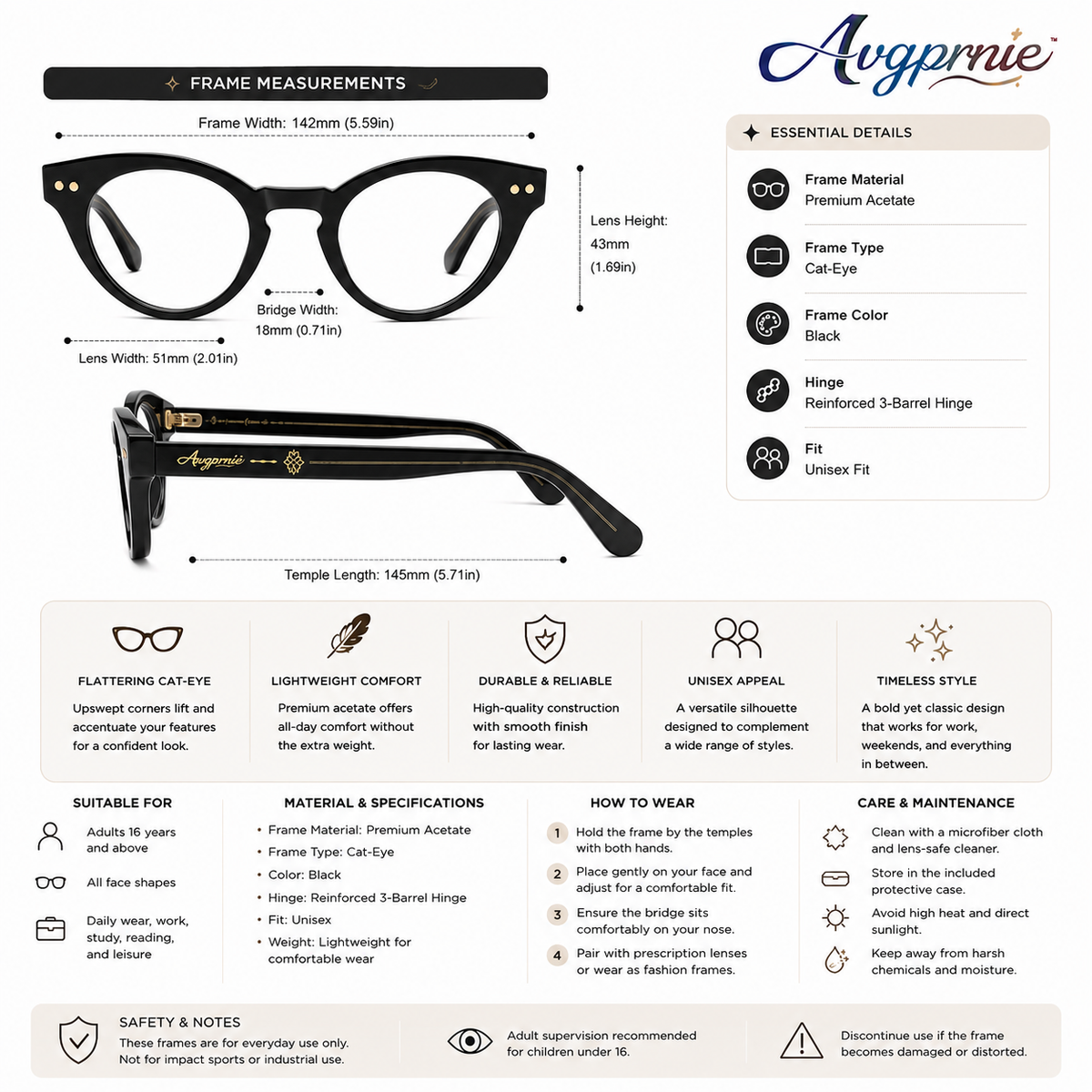 Avgprnie™ Atelier Cat-Eye Fashion Frames – Women's Vintage Inspired Clear Lens Eyeglass Frames in Black, Brown & Red