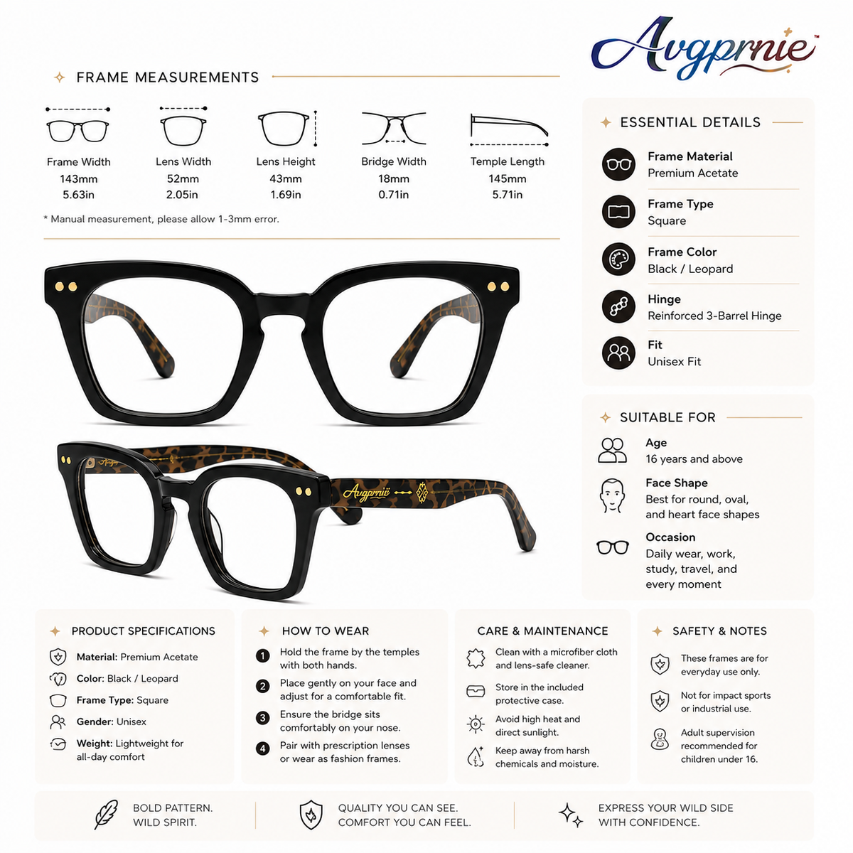 Avgprnie™ WildMuse Oversized Square Fashion Frames – Retro Clear Lens Eyeglass Frames in Black, Brown, Red & Leopard Print